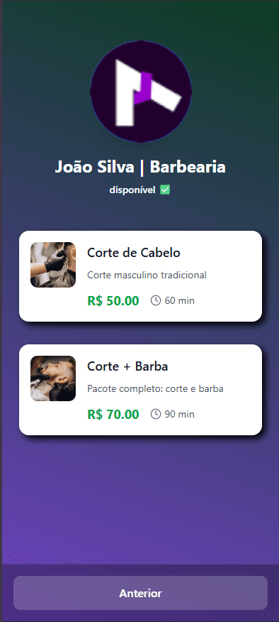 Tela do cliente na barbearia João Silva, com os serviços Corte de Cabelo e Corte + Barba, preços e duração.