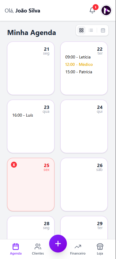 Agenda do agendi.me com atendimentos, um compromisso e o botão de adicionar na barra inferior