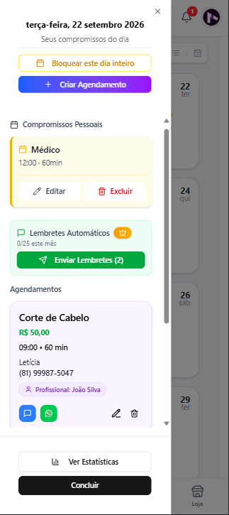 Detalhes do dia com compromisso pessoal e atendimento, incluindo os controles para editar os registros