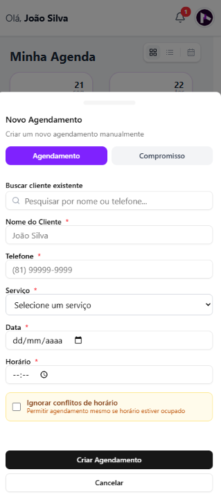 Formulário Novo Agendamento com busca de cliente, nome, telefone, serviço, data e horário; a opção Ignorar conflitos de horário está desmarcada