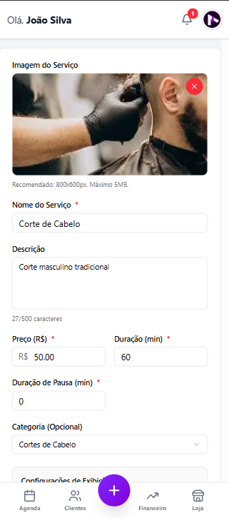 Cadastro do serviço Corte de Cabelo no agendi.me, com imagem, descrição, preço, duração, pausa e categoria